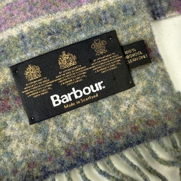 Barbour Lambswool Fair Isle Scarf Gray Purple Fringe 68 x 9 - Picture 2 of 4